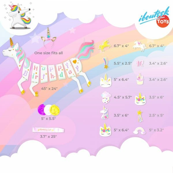 Unicorn Birthday Party decoration bundle with individual size details
